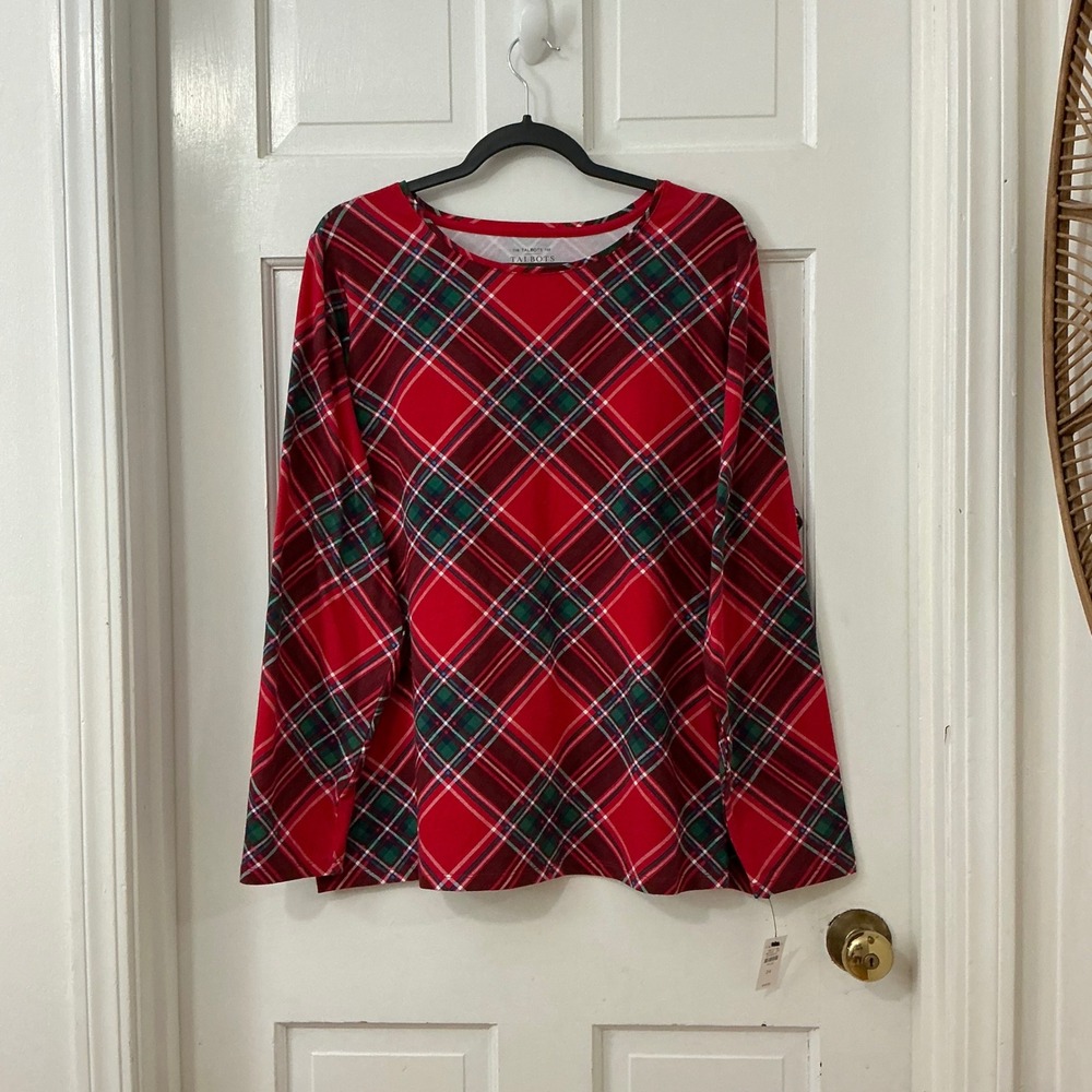Talbots Red Tartan Plaid Knit Top 2X Holiday Classic Stretch Christmas NEW